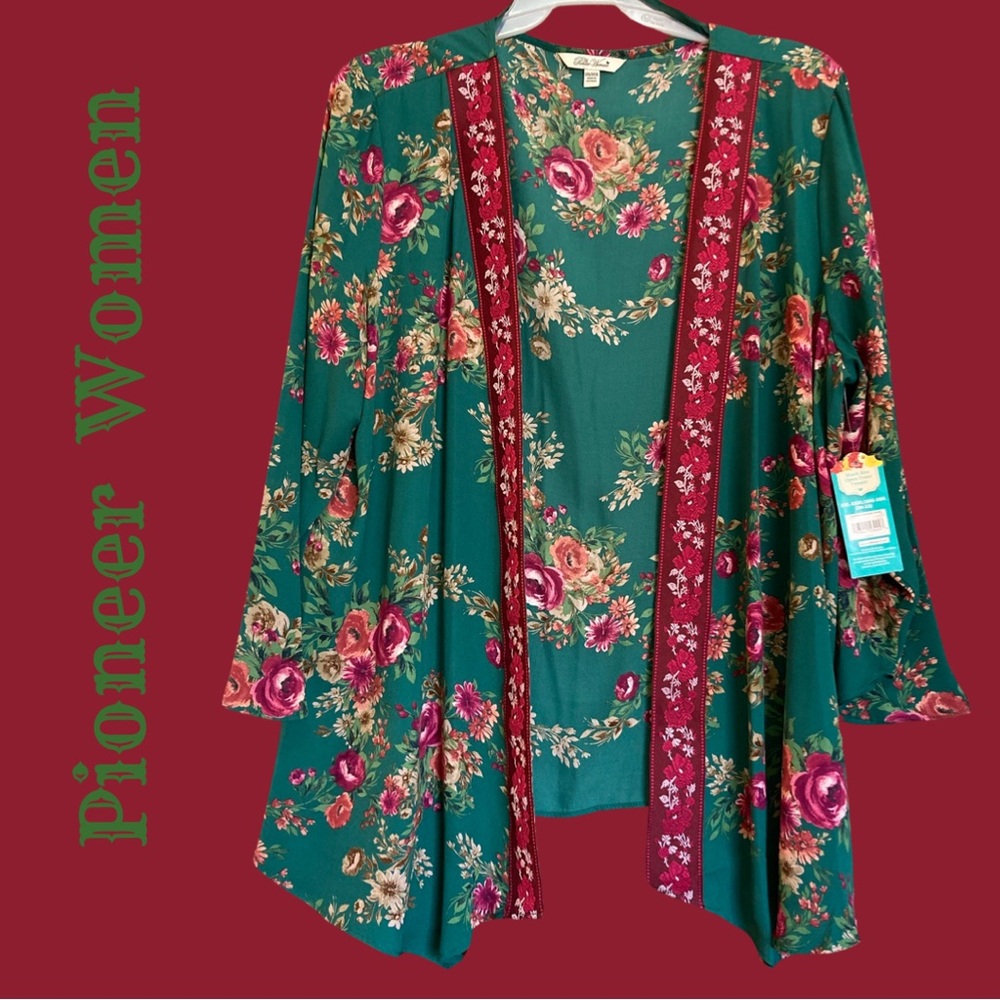 NWT THE PIONEER WOMEN’S Open Topper Duster Kimono • Red Roses Green Embroidered